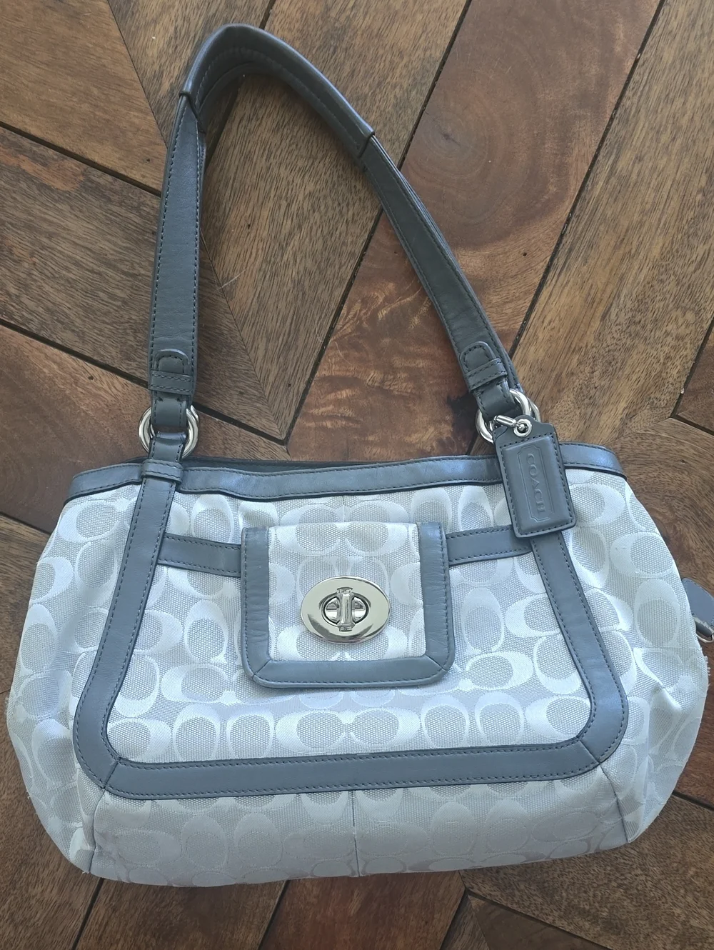 Coach Light Gray Signature Canvas Shoulder Bag with Gray Trim
